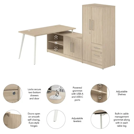 Bush Business Furniture L-Desks<Vista 60"W L Shaped Desk with Low Storage Cabinet and Wardrobe, Natural Elm (VST010NE)