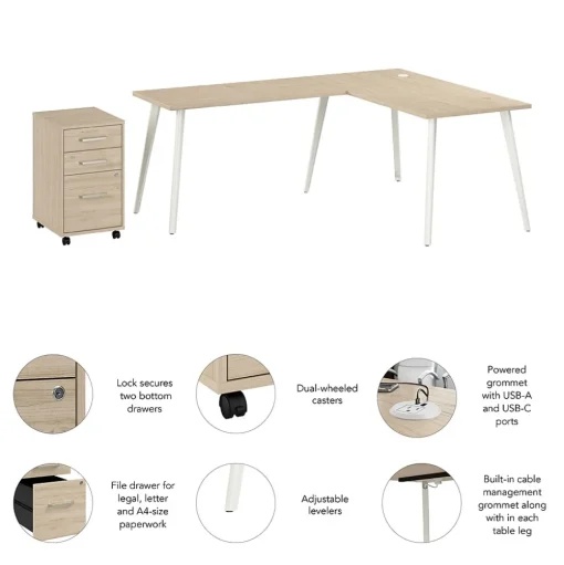 Bush Business Furniture L-Desks<Vista 60"W L Shaped Desk with Mobile File Cabinet, Natural Elm (VST008NESU)