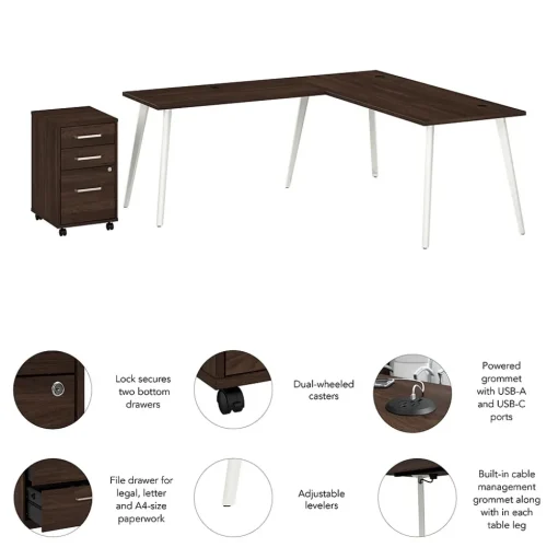 Bush Business Furniture L-Desks<Vista 72"W L Shaped Desk with Mobile File Cabinet, Black Walnut (VST007BWSU)