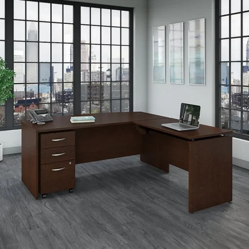 Bush Business Furniture Standing Desks<Westfield 72"W 3 Position Bow Front Sit to Stand L Desk w/ File Cabinet, (SRC126MRSU)