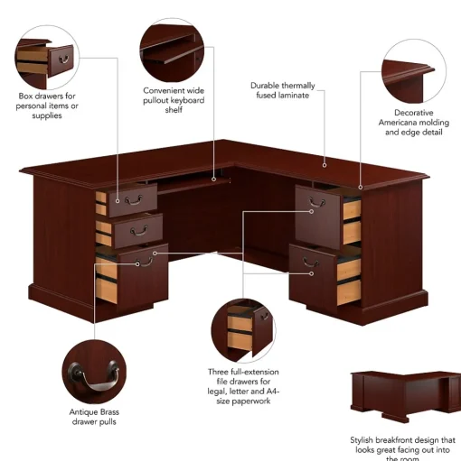 Bush Business Furniture L-Desks<66"W Arlington L Shaped Desk with Drawers and Keyboard Tray, Harvest Cherry (WC65570-03K)