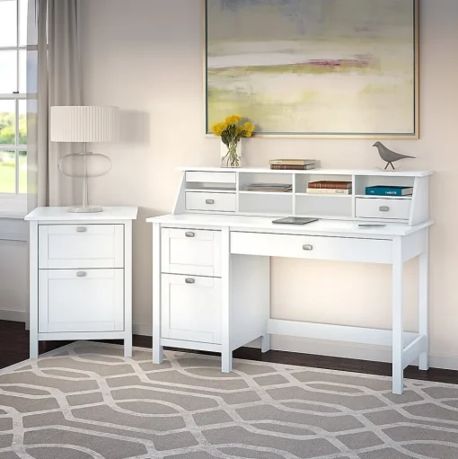 Bush Furniture Computer Desks<Broadview 54"W Computer Desk with Drawers, Pure White (BDD254WH-03)