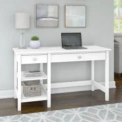 Bush Furniture Computer Desks<Broadview 54"W Computer Desk with Shelves, Pure White (BDD154WH-03)
