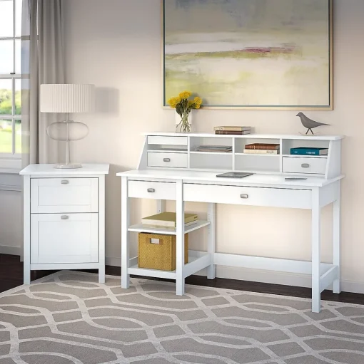 Bush Furniture Computer Desks<Broadview 54"W Computer Desk with Shelves, Pure White (BDD154WH-03)