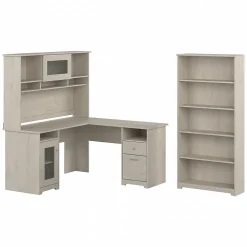 Bush Furniture Office Desks<Cabot 60" L-Shaped Desk with Hutch and 5-Shelf Bookcase, (CAB011LW)