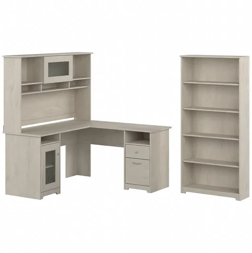 Bush Furniture Office Desks<Cabot 60" L-Shaped Desk with Hutch and 5-Shelf Bookcase, (CAB011LW)
