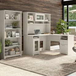 Bush Furniture Office Desks<Cabot 60" L-Shaped Desk with Hutch and 5-Shelf Bookcase, (CAB011LW)