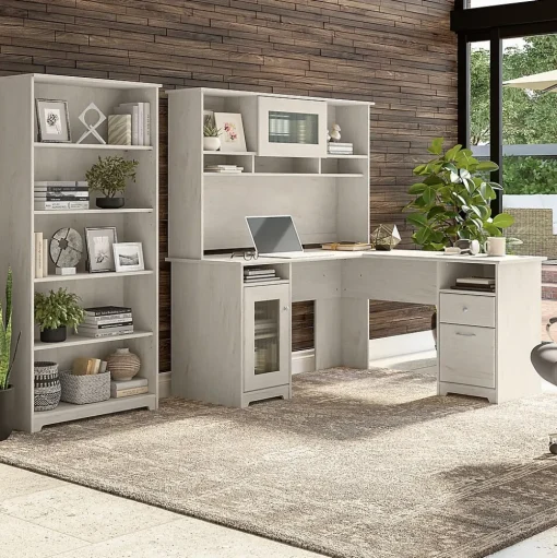 Bush Furniture Office Desks<Cabot 60" L-Shaped Desk with Hutch and 5-Shelf Bookcase, (CAB011LW)