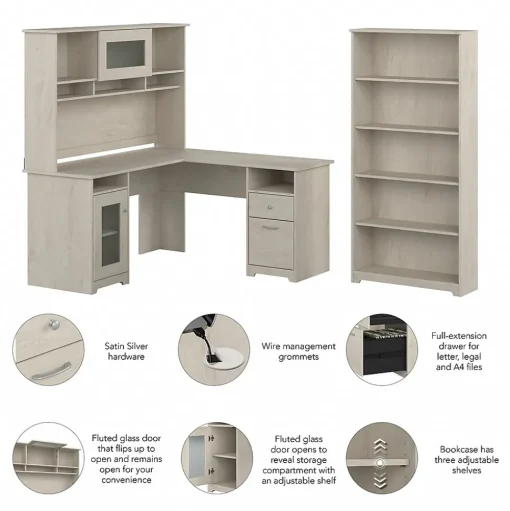 Bush Furniture Office Desks<Cabot 60" L-Shaped Desk with Hutch and 5-Shelf Bookcase, (CAB011LW)