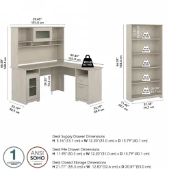 Bush Furniture Office Desks<Cabot 60" L-Shaped Desk with Hutch and 5-Shelf Bookcase, (CAB011LW)