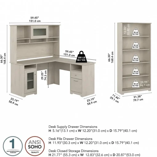 Bush Furniture Office Desks<Cabot 60" L-Shaped Desk with Hutch and 5-Shelf Bookcase, (CAB011LW)