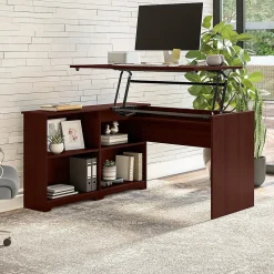 Bush Furniture Standing Desks<Cabot 52"W 3 Position Sit to Stand Corner Bookshelf Desk, Harvest Cherry (WC31416)