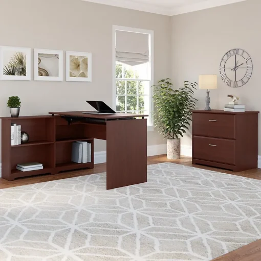 Bush Furniture Standing Desks<Cabot 52"W 3 Position Sit to Stand Corner Bookshelf Desk, Harvest Cherry (WC31416)