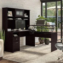 Bush Furniture Standing Desks<Cabot 60"W 3 Position Sit to Stand L Shaped Desk with Hutch, Espresso Oak (CAB045EPO)