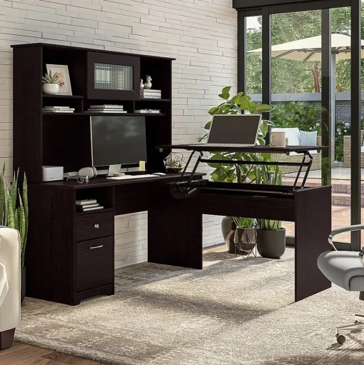 Bush Furniture Standing Desks<Cabot 60"W 3 Position Sit to Stand L Shaped Desk with Hutch, Espresso Oak (CAB045EPO)