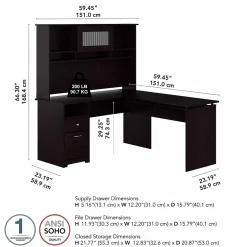 Bush Furniture Standing Desks<Cabot 60"W 3 Position Sit to Stand L Shaped Desk with Hutch, Espresso Oak (CAB045EPO)