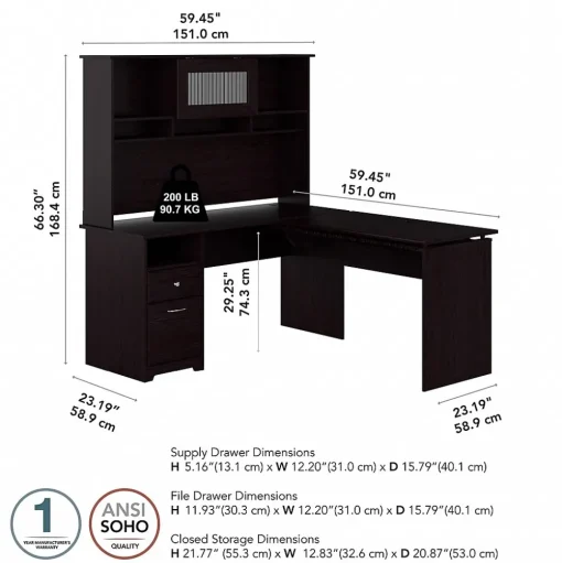 Bush Furniture Standing Desks<Cabot 60"W 3 Position Sit to Stand L Shaped Desk with Hutch, Espresso Oak (CAB045EPO)