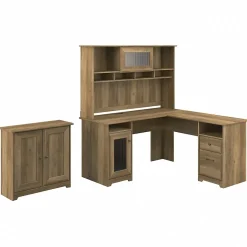 Bush Furniture Office Desks<Cabot 60"W L Shaped Computer Desk with Hutch and Small Storage Cabinet, Reclaimed Pine (CAB016RCP)
