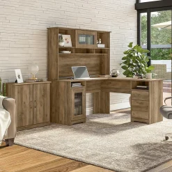 Bush Furniture Office Desks<Cabot 60"W L Shaped Computer Desk with Hutch and Small Storage Cabinet, Reclaimed Pine (CAB016RCP)