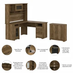 Bush Furniture Office Desks<Cabot 60"W L Shaped Computer Desk with Hutch and Small Storage Cabinet, Reclaimed Pine (CAB016RCP)