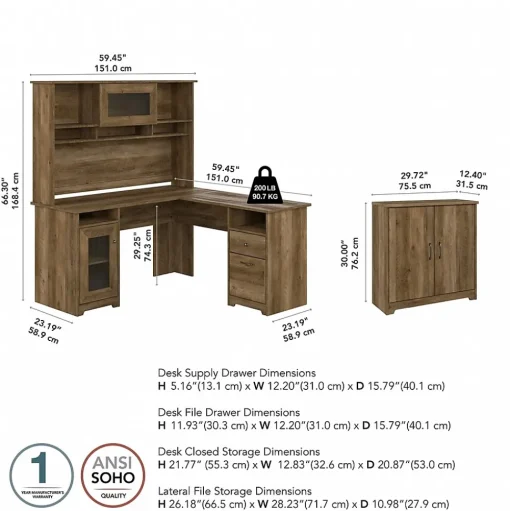 Bush Furniture Office Desks<Cabot 60"W L Shaped Computer Desk with Hutch and Small Storage Cabinet, Reclaimed Pine (CAB016RCP)