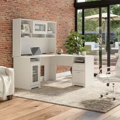 Bush Furniture Computer Desks<Cabot 60"W L Shaped Computer Desk with Hutch and Storage, (CAB001WHN)