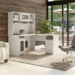 Bush Furniture Computer Desks<Cabot 60"W L Shaped Computer Desk with Hutch and Storage, (CAB001LW)