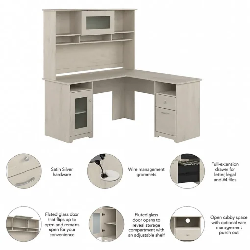 Bush Furniture Computer Desks<Cabot 60"W L Shaped Computer Desk with Hutch and Storage, (CAB001LW)