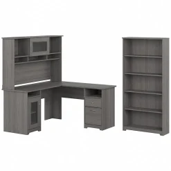 Bush Furniture L-Desks<Cabot 60"W L Shaped Computer Desk with Hutch and 5 Shelf Bookcase, (CAB011MG)