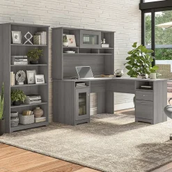 Bush Furniture L-Desks<Cabot 60"W L Shaped Computer Desk with Hutch and 5 Shelf Bookcase, (CAB011MG)
