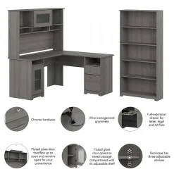 Bush Furniture L-Desks<Cabot 60"W L Shaped Computer Desk with Hutch and 5 Shelf Bookcase, (CAB011MG)