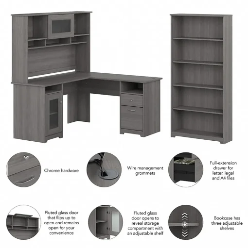 Bush Furniture L-Desks<Cabot 60"W L Shaped Computer Desk with Hutch and 5 Shelf Bookcase, (CAB011MG)