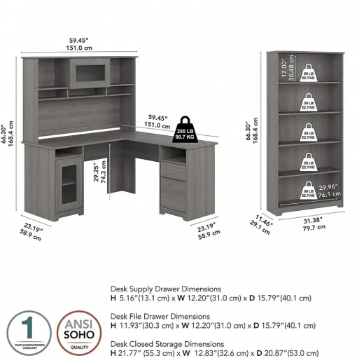 Bush Furniture L-Desks<Cabot 60"W L Shaped Computer Desk with Hutch and 5 Shelf Bookcase, (CAB011MG)