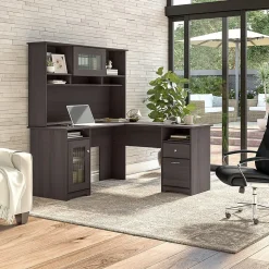 Bush Furniture L-Desks<Cabot 60"W L Shaped Computer Desk with Hutch and Storage, (CAB001HRG)