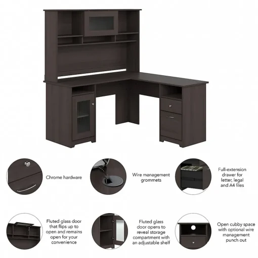 Bush Furniture L-Desks<Cabot 60"W L Shaped Computer Desk with Hutch and Storage, (CAB001HRG)