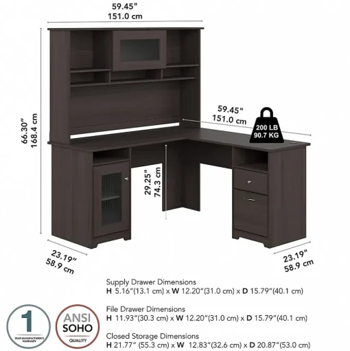 Bush Furniture L-Desks<Cabot 60"W L Shaped Computer Desk with Hutch and Storage, (CAB001HRG)