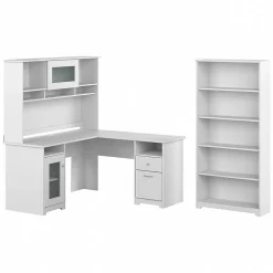 Bush Furniture L-Desks<Cabot 60"W L Shaped Computer Desk with Hutch and 5 Shelf Bookcase, (CAB011WHN)