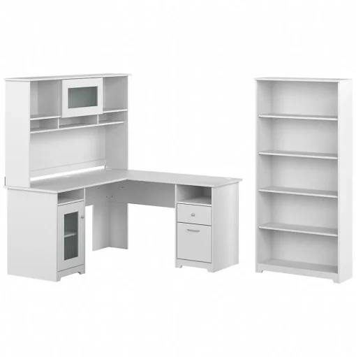 Bush Furniture L-Desks<Cabot 60"W L Shaped Computer Desk with Hutch and 5 Shelf Bookcase, (CAB011WHN)