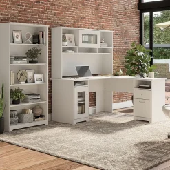 Bush Furniture L-Desks<Cabot 60"W L Shaped Computer Desk with Hutch and 5 Shelf Bookcase, (CAB011WHN)
