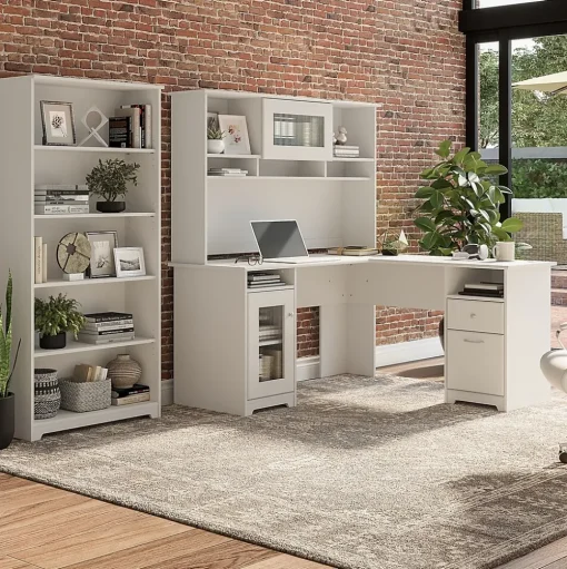 Bush Furniture L-Desks<Cabot 60"W L Shaped Computer Desk with Hutch and 5 Shelf Bookcase, (CAB011WHN)