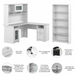Bush Furniture L-Desks<Cabot 60"W L Shaped Computer Desk with Hutch and 5 Shelf Bookcase, (CAB011WHN)