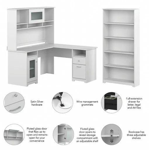 Bush Furniture L-Desks<Cabot 60"W L Shaped Computer Desk with Hutch and 5 Shelf Bookcase, (CAB011WHN)