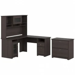 Bush Furniture L-Desks<Cabot 60"W L Shaped Computer Desk with Hutch and Lateral File Cabinet, Heather Gray (CAB005HRG)