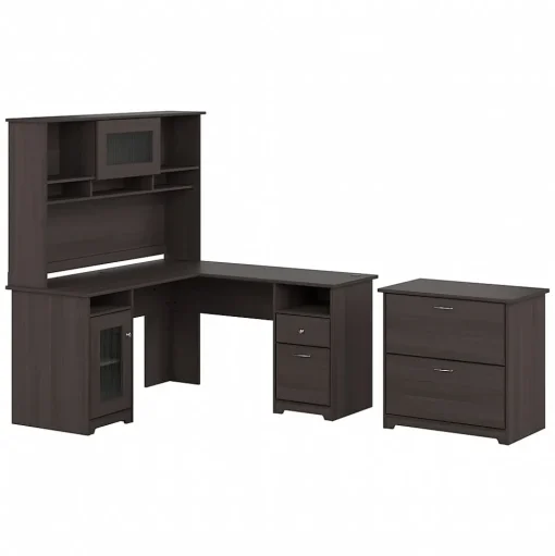 Bush Furniture L-Desks<Cabot 60"W L Shaped Computer Desk with Hutch and Lateral File Cabinet, Heather Gray (CAB005HRG)