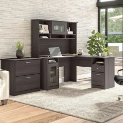 Bush Furniture L-Desks<Cabot 60"W L Shaped Computer Desk with Hutch and Lateral File Cabinet, Heather Gray (CAB005HRG)