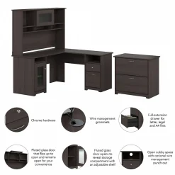 Bush Furniture L-Desks<Cabot 60"W L Shaped Computer Desk with Hutch and Lateral File Cabinet, Heather Gray (CAB005HRG)