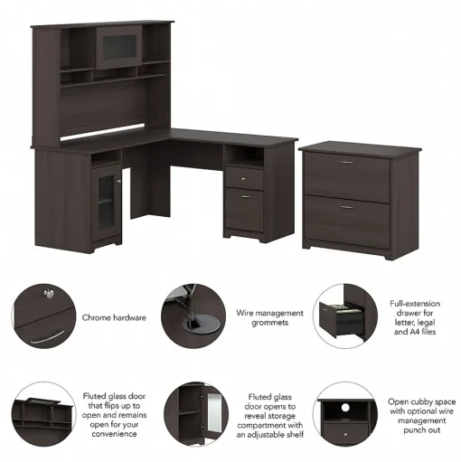 Bush Furniture L-Desks<Cabot 60"W L Shaped Computer Desk with Hutch and Lateral File Cabinet, Heather Gray (CAB005HRG)