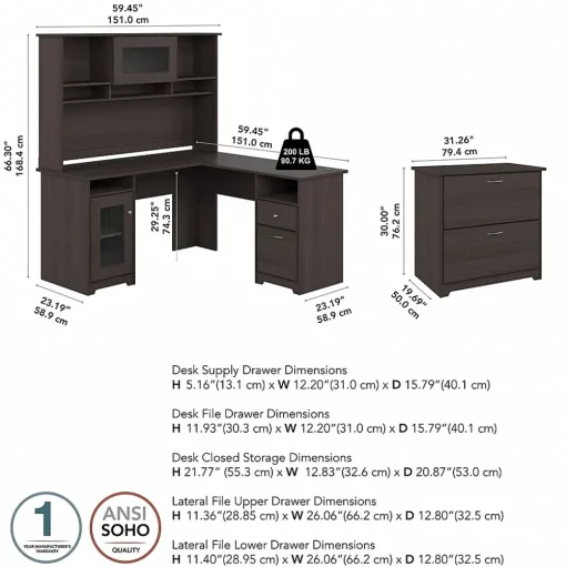 Bush Furniture L-Desks<Cabot 60"W L Shaped Computer Desk with Hutch and Lateral File Cabinet, Heather Gray (CAB005HRG)