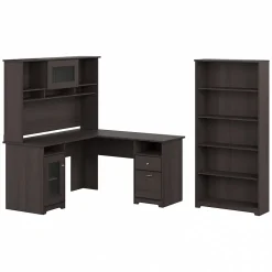 Bush Furniture L-Desks<Cabot 60"W L Shaped Computer Desk with Hutch and 5 Shelf Bookcase, (CAB011HRG)