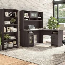 Bush Furniture L-Desks<Cabot 60"W L Shaped Computer Desk with Hutch and 5 Shelf Bookcase, (CAB011HRG)